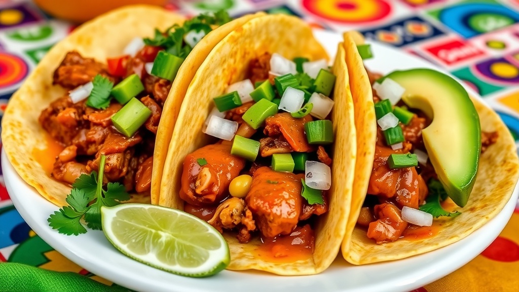 Zesty Spicy Pork Tacos Recipe A plate of spicy pork tacos topped with cilantro and avocado on a colorful table.
